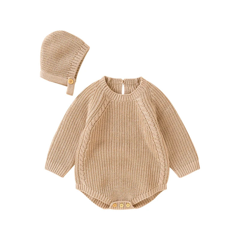 Autumn Baby Bodysuits Clothes Winter Solid Long Sleeve Knit Newborn Boys Girls Onesie Hats Outfits 0-18M Infant Netural Costumes