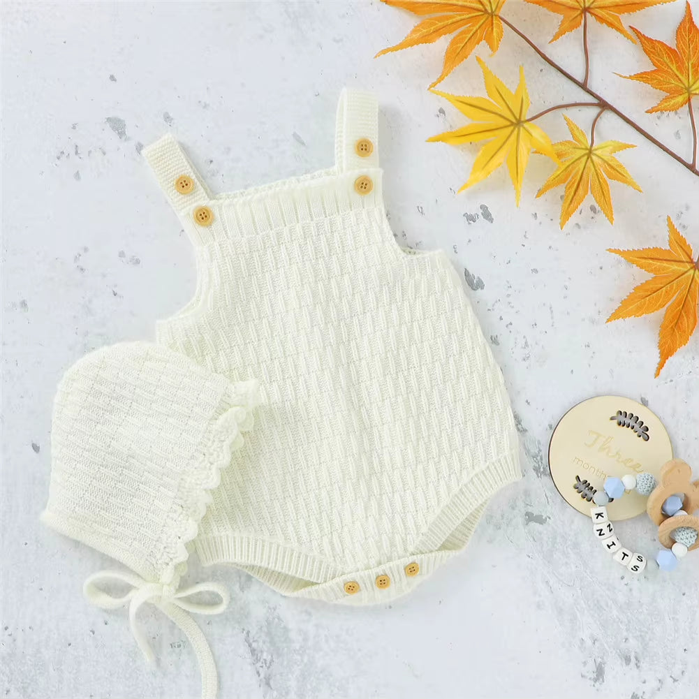 2Pcs Set Baby Knitted Romper Clothes Set Cotton Triangle Crotch Button One-Piece Jumpsuit+Hats Toddler Baby Boys Girls Outfits