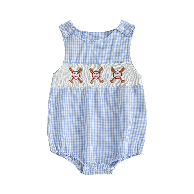 Summer Baby Clothes Newborn Boy Girl Smocked Bubble Romper Baseball Plaid Overall Infant Jumpsuit Outfit