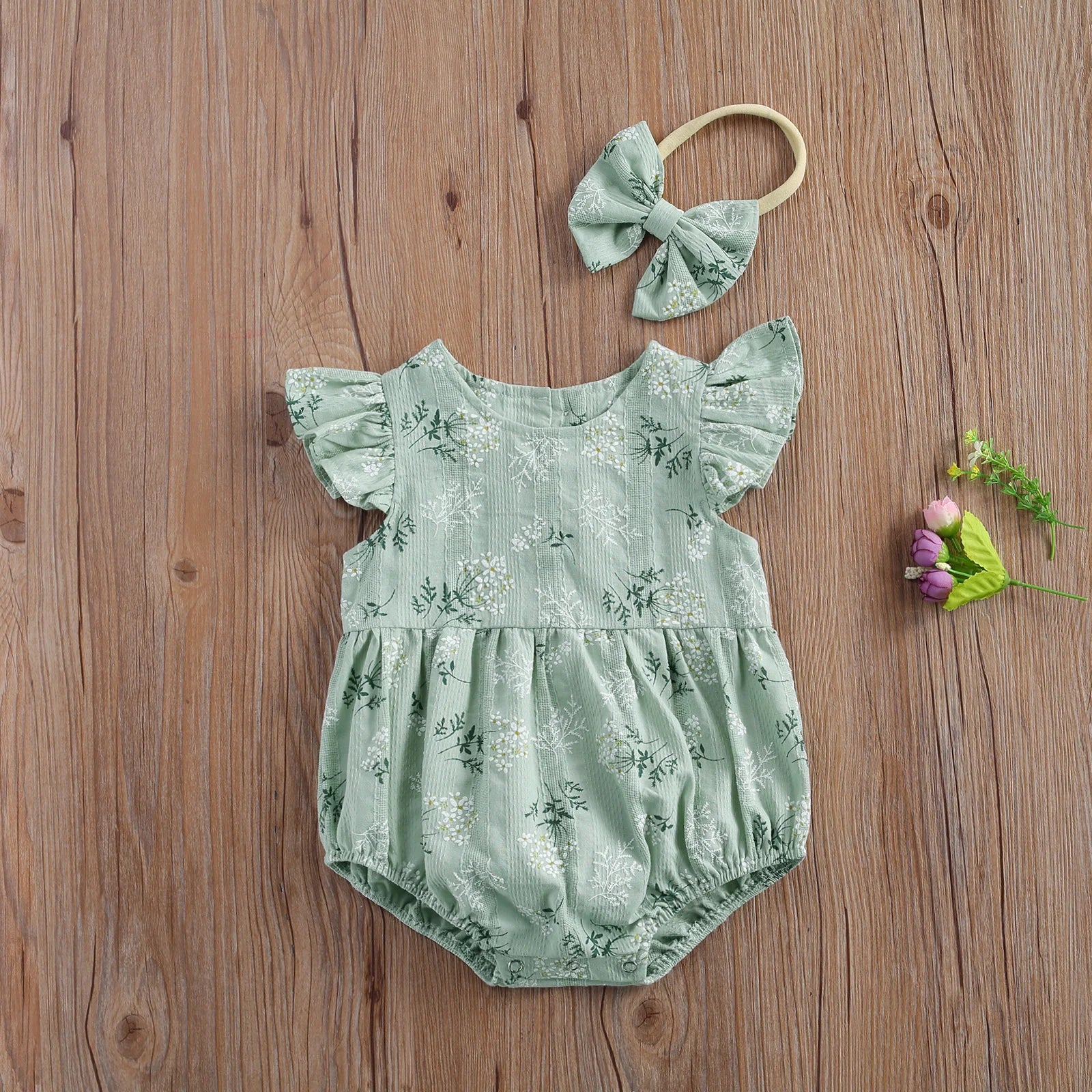 2021 Baby Summer Clothing Baby Cotton Jumpsuit Headband Floral Print round Collar Fly Sleeve Bodysuit Hair Band Girls Pink/Green