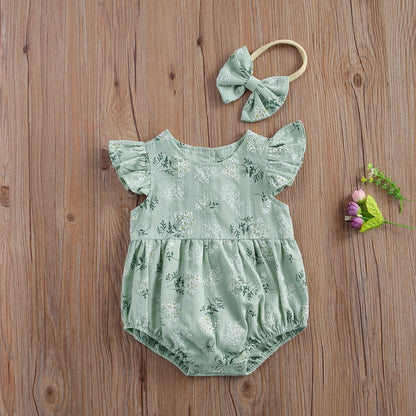 2021 Baby Summer Clothing Baby Cotton Jumpsuit Headband Floral Print round Collar Fly Sleeve Bodysuit Hair Band Girls Pink/Green