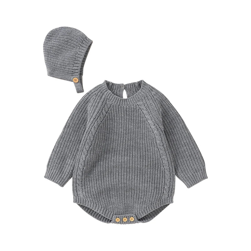 Autumn Baby Bodysuits Clothes Winter Solid Long Sleeve Knit Newborn Boys Girls Onesie Hats Outfits 0-18M Infant Netural Costumes