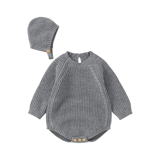 Autumn Baby Bodysuits Clothes Winter Solid Long Sleeve Knit Newborn Boys Girls Onesie Hats Outfits 0-18M Infant Netural Costumes