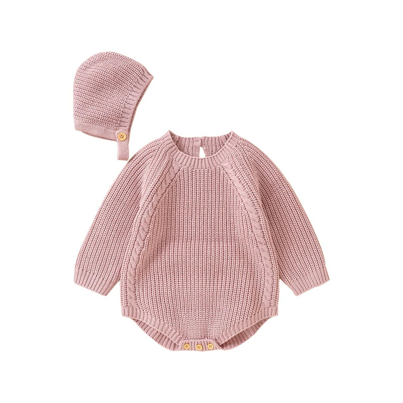 Autumn Baby Bodysuits Clothes Winter Solid Long Sleeve Knit Newborn Boys Girls Onesie Hats Outfits 0-18M Infant Netural Costumes