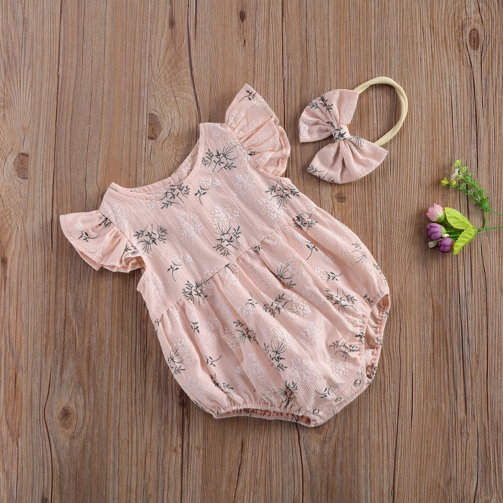 2021 Baby Summer Clothing Baby Cotton Jumpsuit Headband Floral Print round Collar Fly Sleeve Bodysuit Hair Band Girls Pink/Green