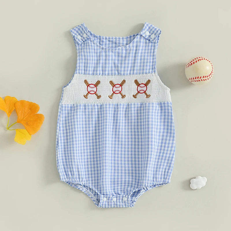 Summer Baby Clothes Newborn Boy Girl Smocked Bubble Romper Baseball Plaid Overall Infant Jumpsuit Outfit