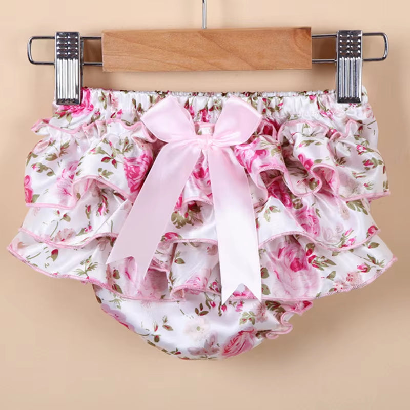 Baby Shorts Baby Clothing Floral Silk Bow Satin Shorts Ruffle Diaper Cover Bloomer Baby Girls Satin Panties Bloomers