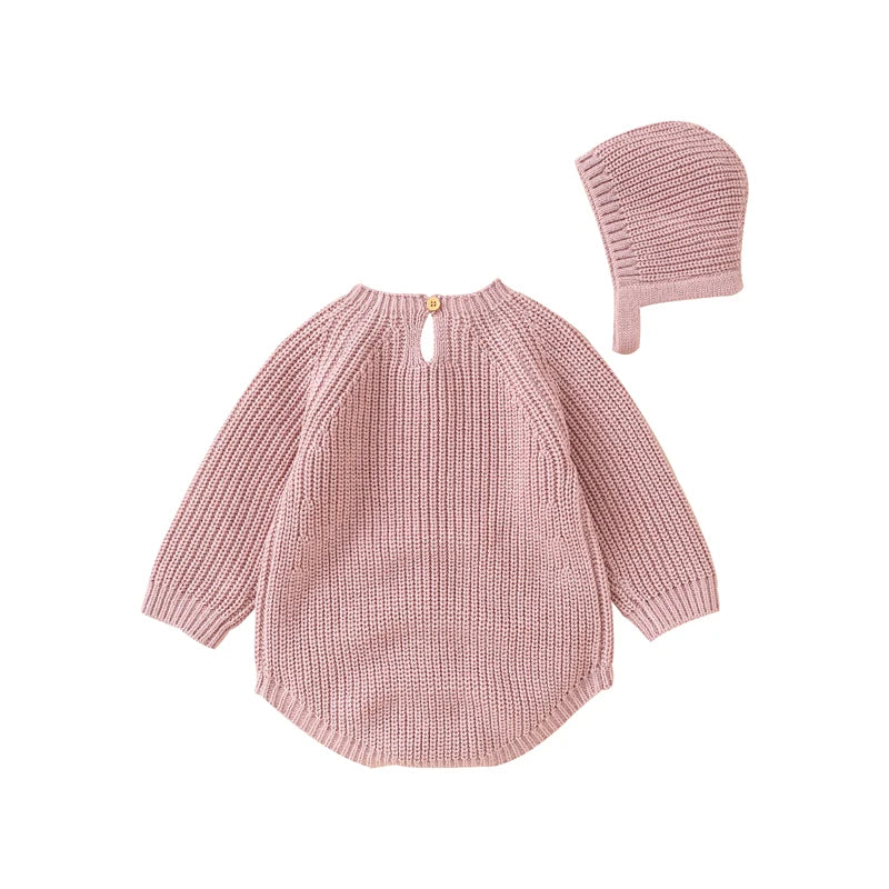 Autumn Baby Bodysuits Clothes Winter Solid Long Sleeve Knit Newborn Boys Girls Onesie Hats Outfits 0-18M Infant Netural Costumes