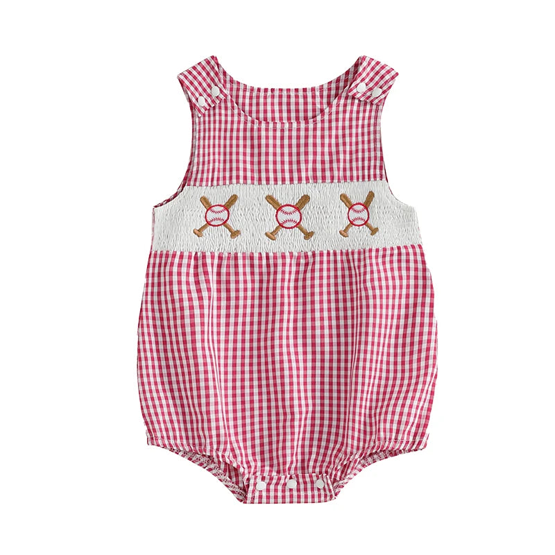 Summer Baby Clothes Newborn Boy Girl Smocked Bubble Romper Baseball Plaid Overall Infant Jumpsuit Outfit