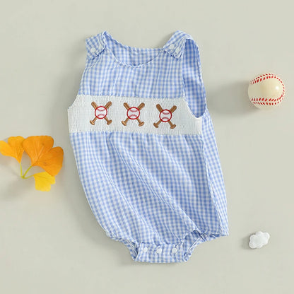 Summer Baby Clothes Newborn Boy Girl Smocked Bubble Romper Baseball Plaid Overall Infant Jumpsuit Outfit