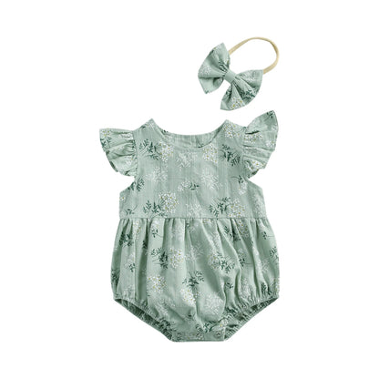 2021 Baby Summer Clothing Baby Cotton Jumpsuit Headband Floral Print round Collar Fly Sleeve Bodysuit Hair Band Girls Pink/Green