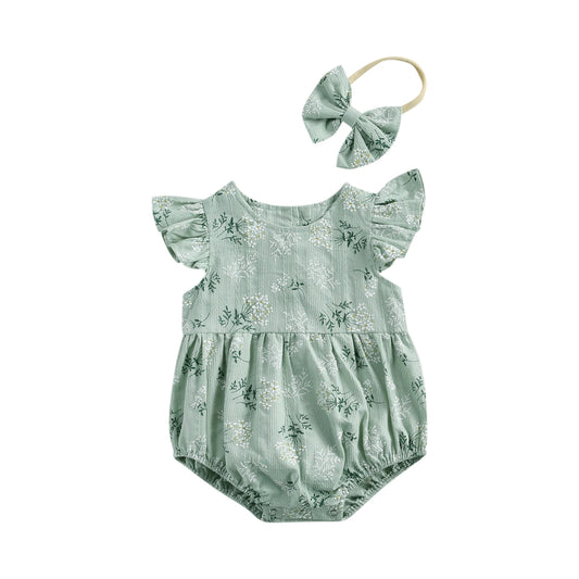 2021 Baby Summer Clothing Baby Cotton Jumpsuit Headband Floral Print round Collar Fly Sleeve Bodysuit Hair Band Girls Pink/Green