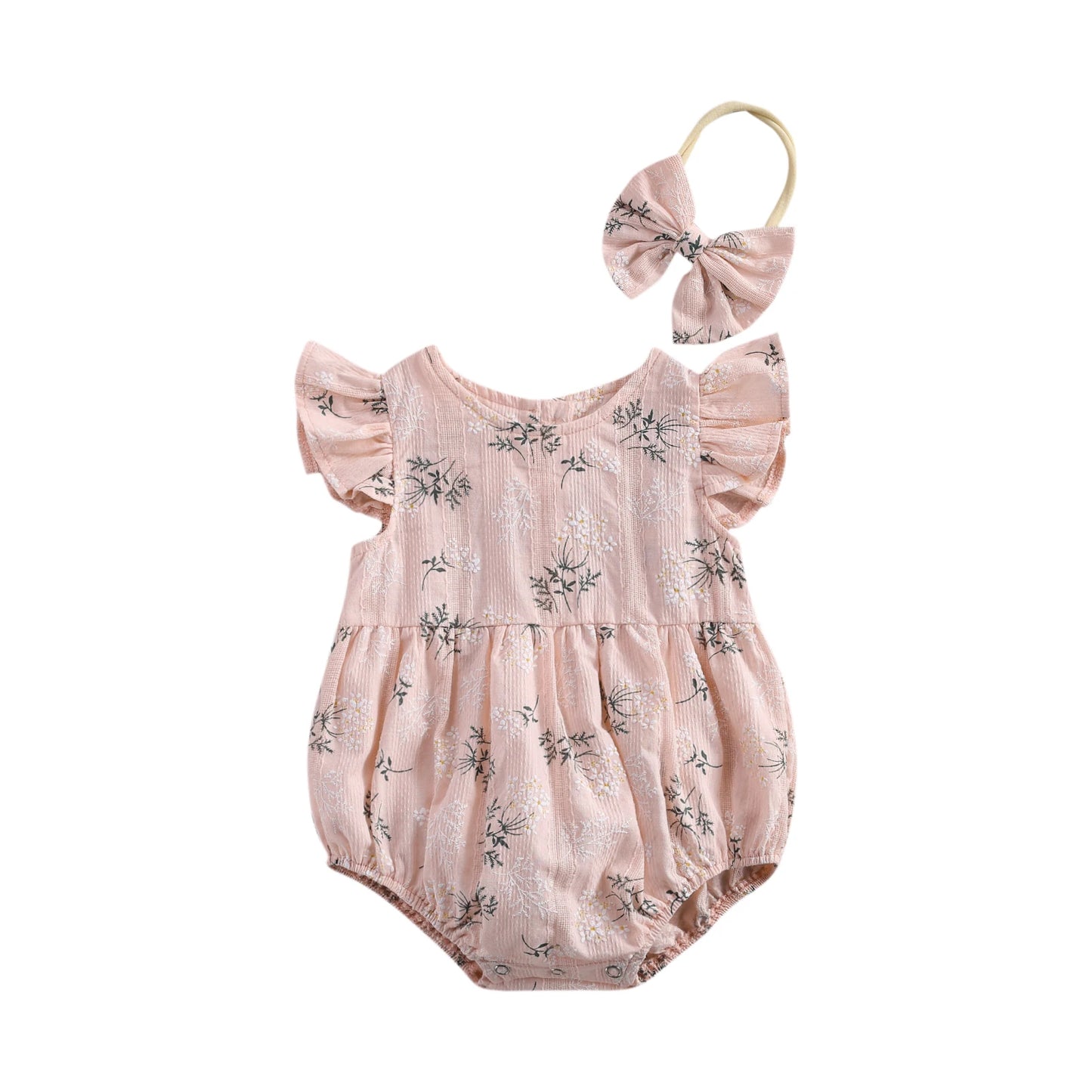 2021 Baby Summer Clothing Baby Cotton Jumpsuit Headband Floral Print round Collar Fly Sleeve Bodysuit Hair Band Girls Pink/Green